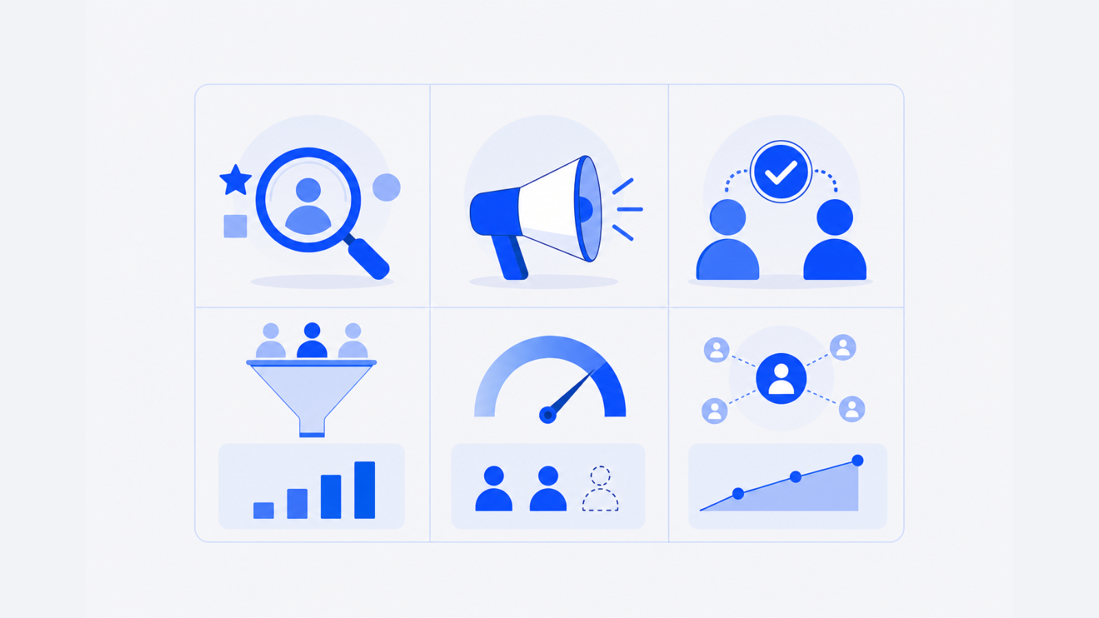 Three blue comparison columns contain abstract symbols representing discovery, promotion, and referral pathways.