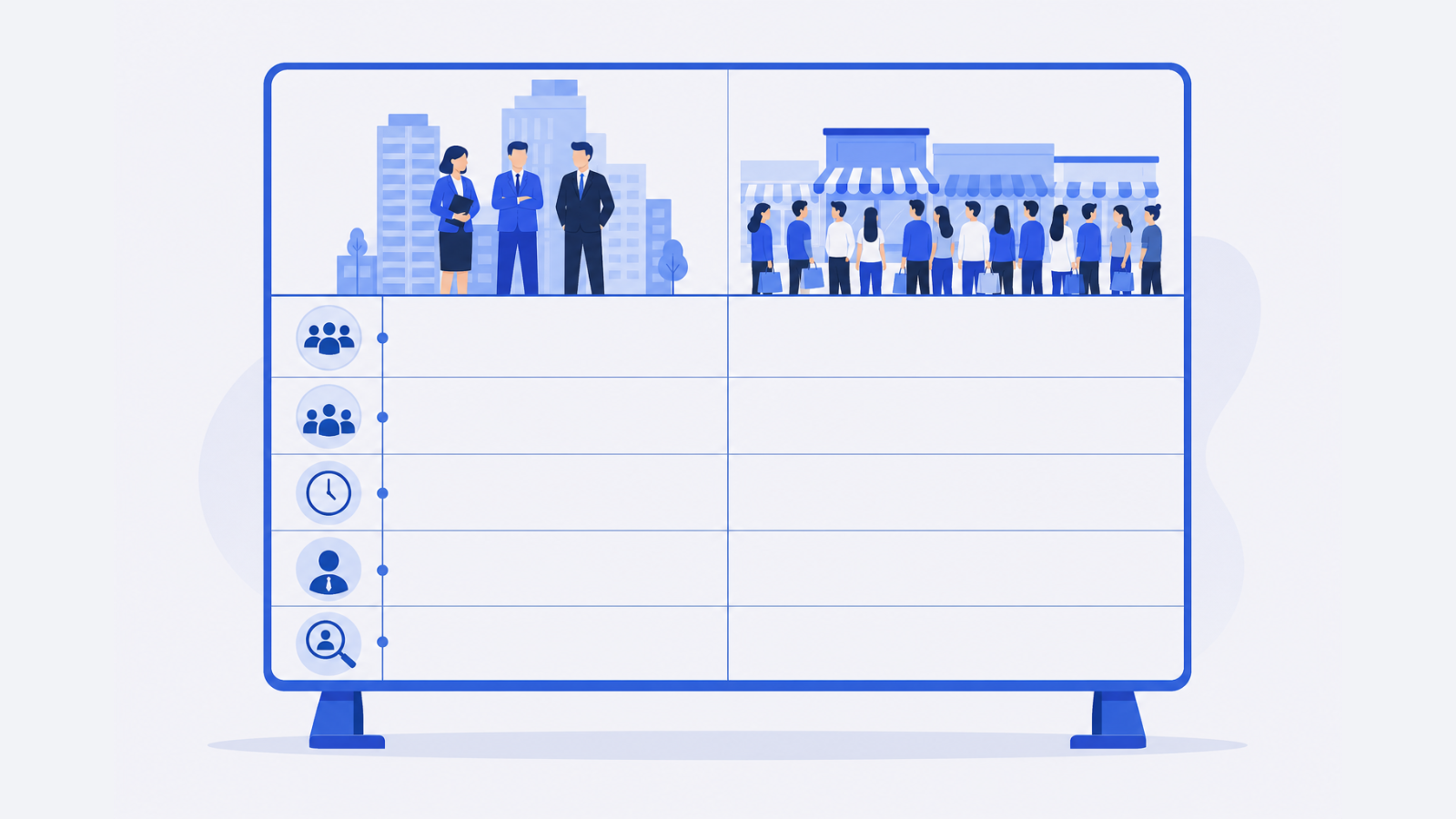 A blank two-column comparison board contrasts office buildings and business decision makers with storefronts and individual shoppers, using simple empty cells and visual symbols.