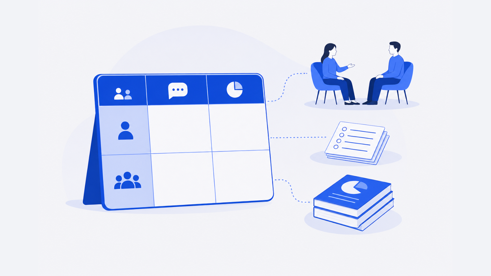 A research matrix stands beside an interview pair, blank survey sheets, and a bundle of reports, showing several ways to gather business insights.