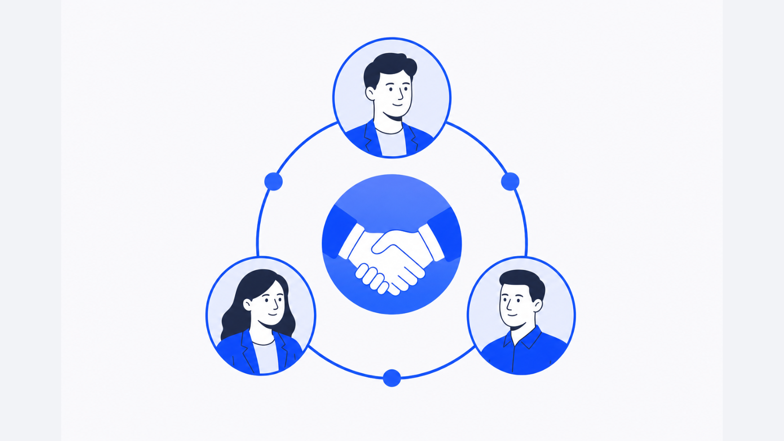 Three business people stand around a central handshake with simple connecting lines linking them