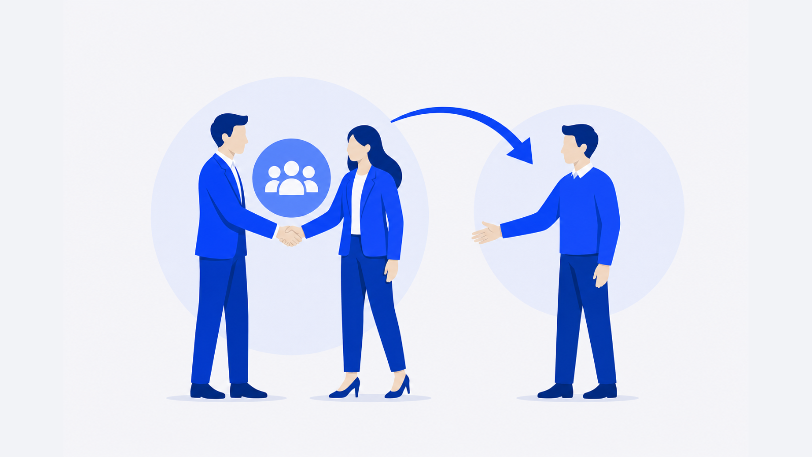 Two people shake hands while a third person receives a customer handoff shown by a curved arrow