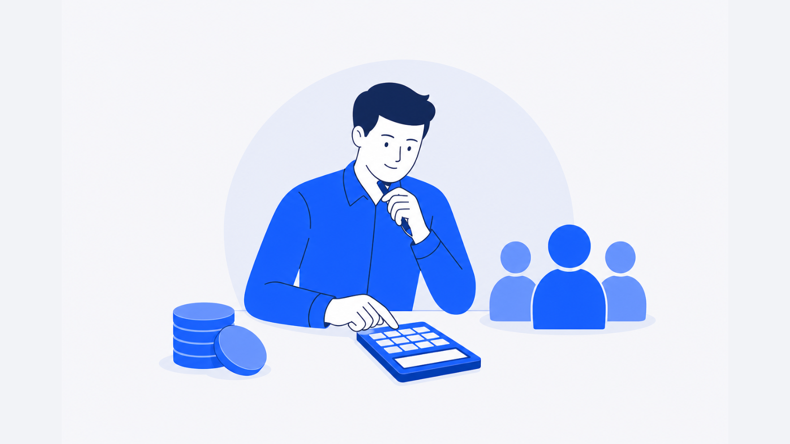 A business analyst sits beside a blank calculator, a stack of unmarked tokens, and three customer figures.
