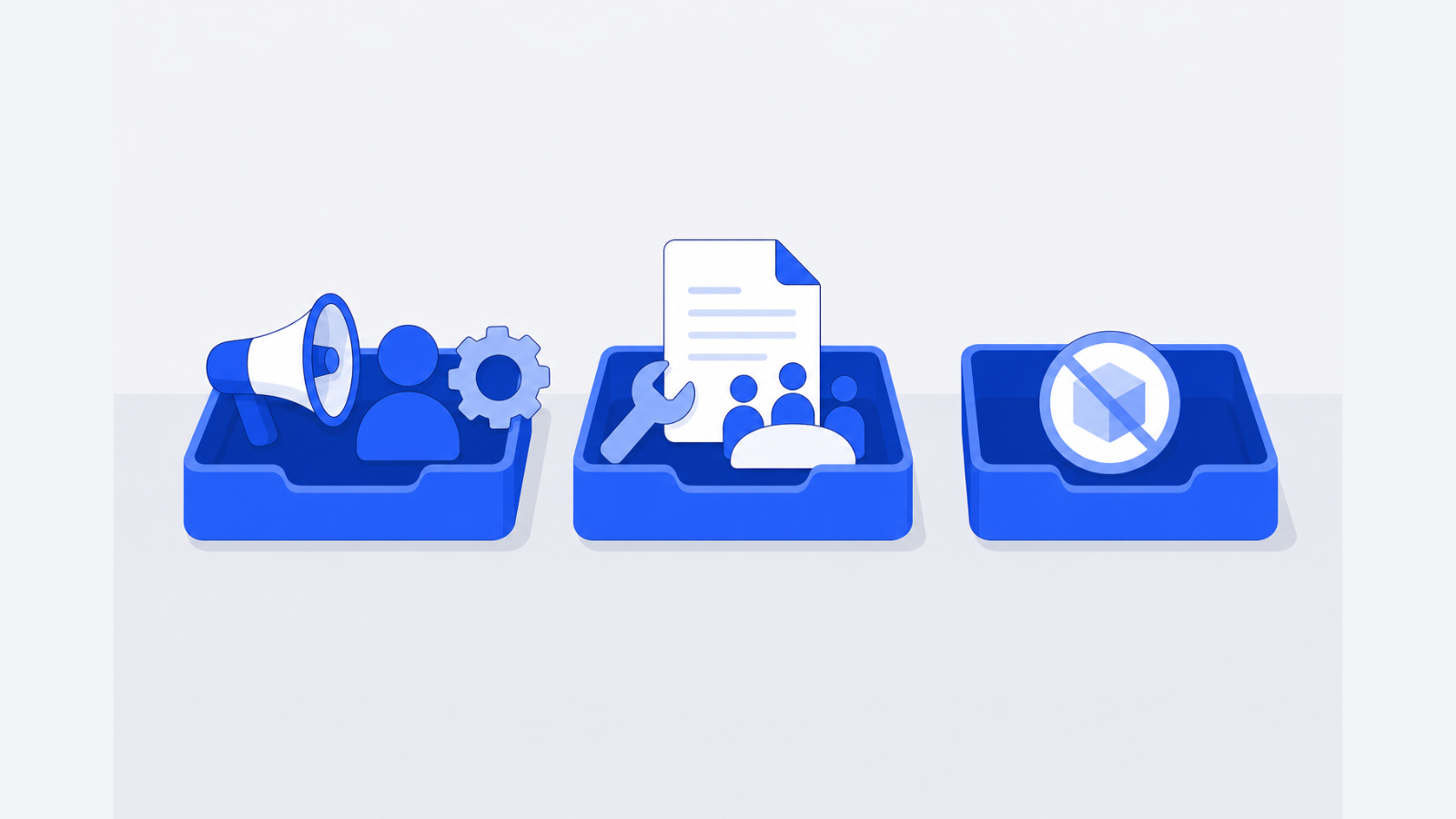 Three sorting trays show grouped business expense symbols, optional expense symbols, and a rejected expense symbol on a tabletop.