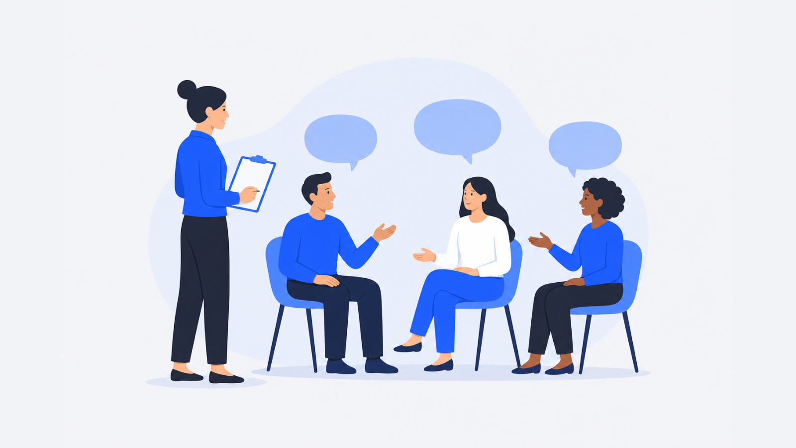 A researcher with a blank clipboard faces three diverse seated participants, with empty speech bubbles above the group.