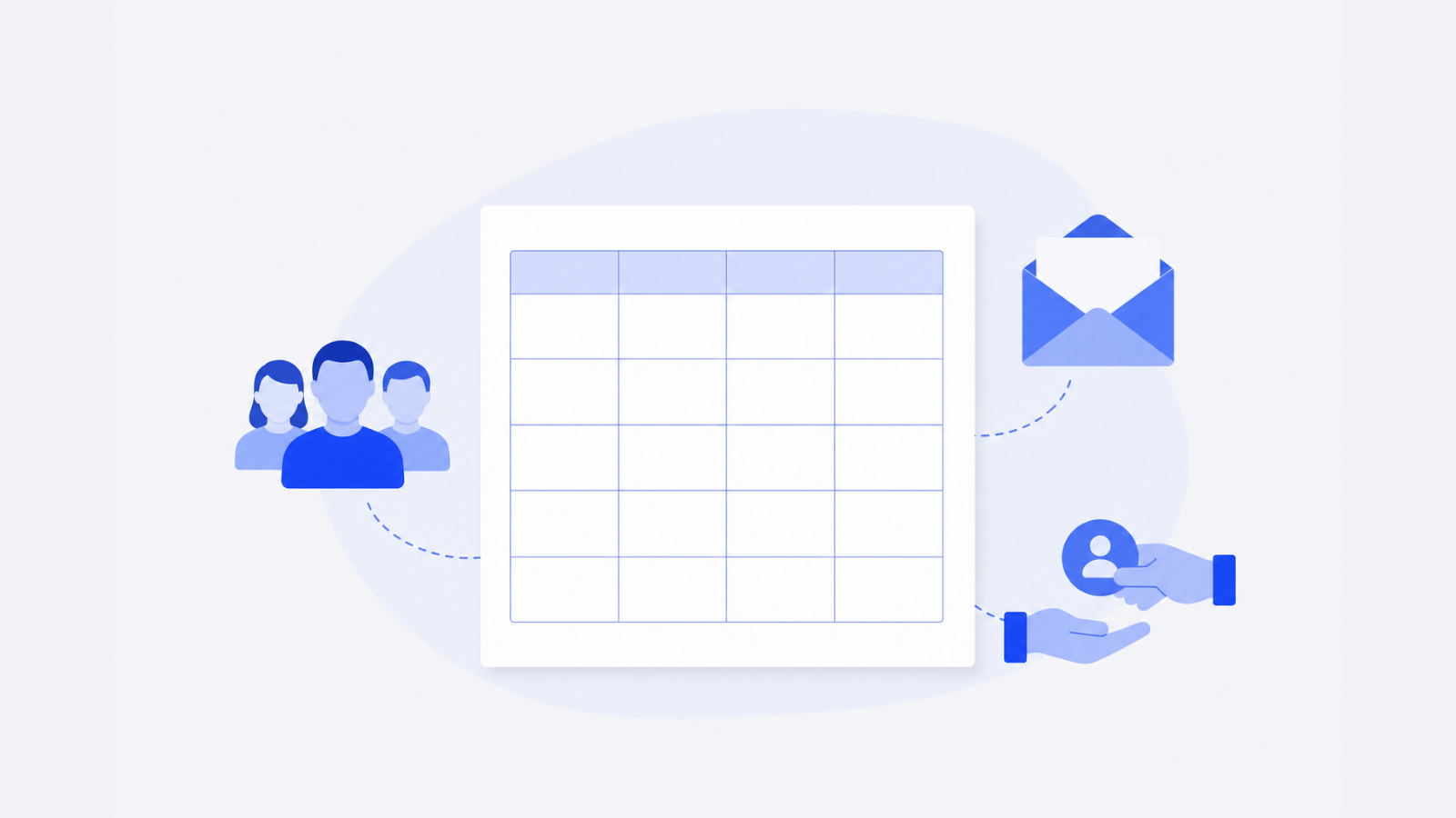 A blank grid sheet is shown beside a community group, an envelope, and two hands passing a referral connection.