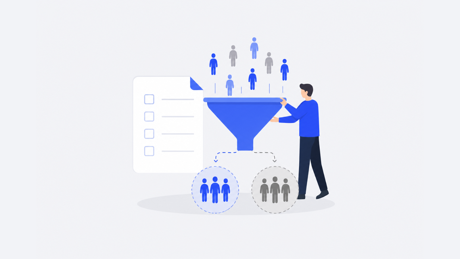 A blank checklist sheet appears with a funnel sorting mixed participant figures into two separated groups.