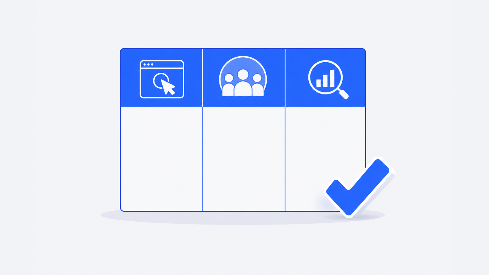 A blank comparison board with three icon-based columns for testing, recruitment, and analysis, plus a pointer beside it.