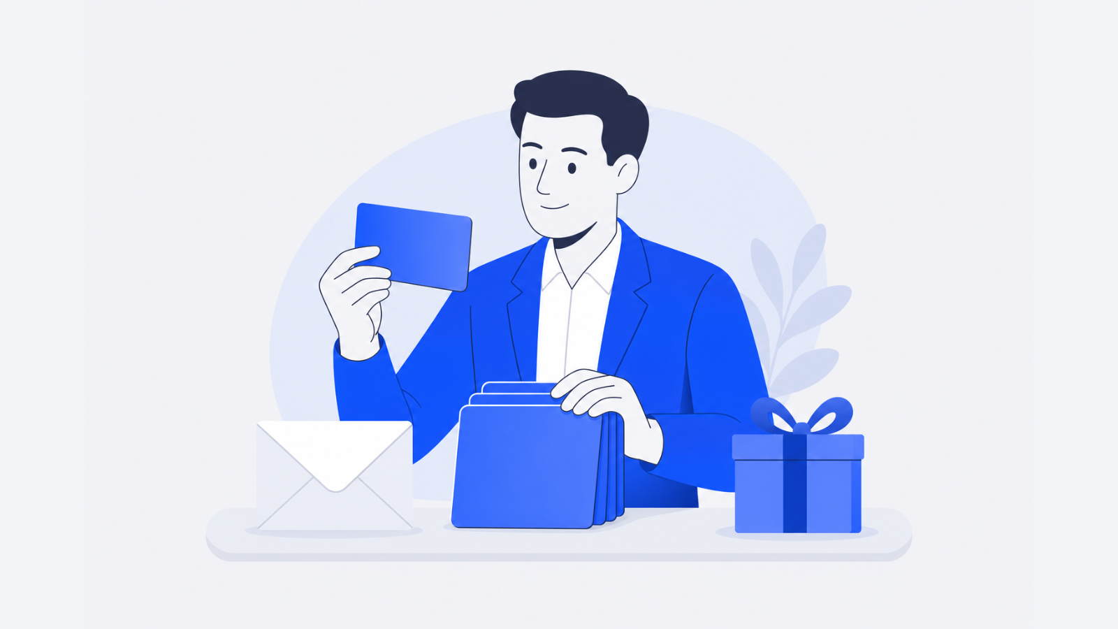 A business manager, a stack of blank prepaid cards, an envelope, and a small gift box arranged on a clean desk