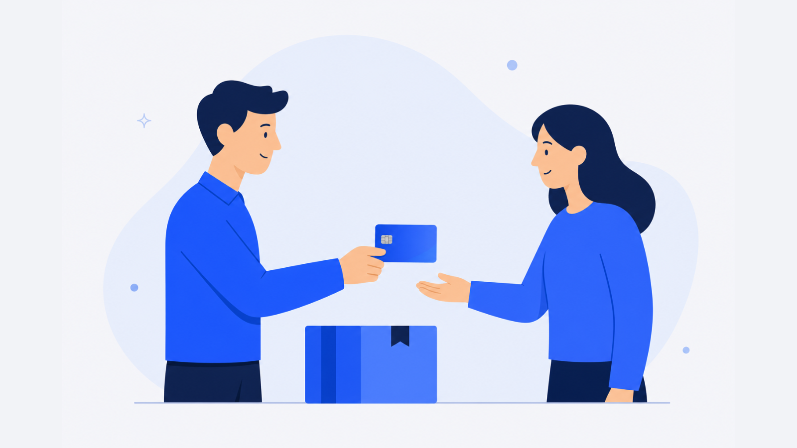 Two people, a blank prepaid card, and a small package shown during a handoff