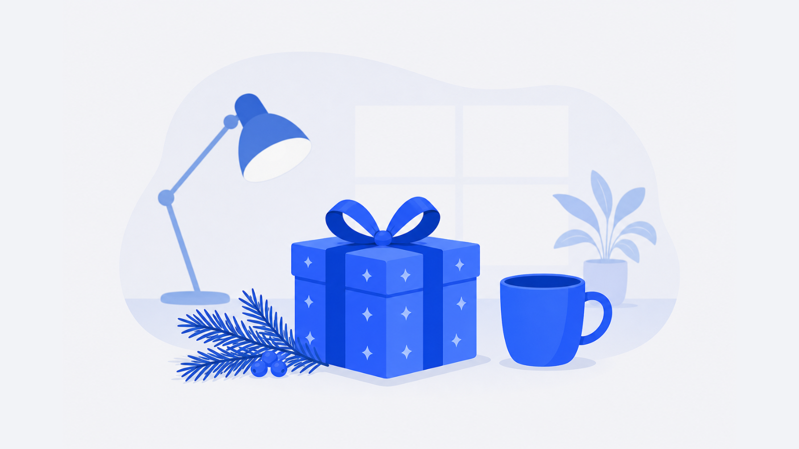 A wrapped holiday gift, an evergreen branch, and a mug on an office desk