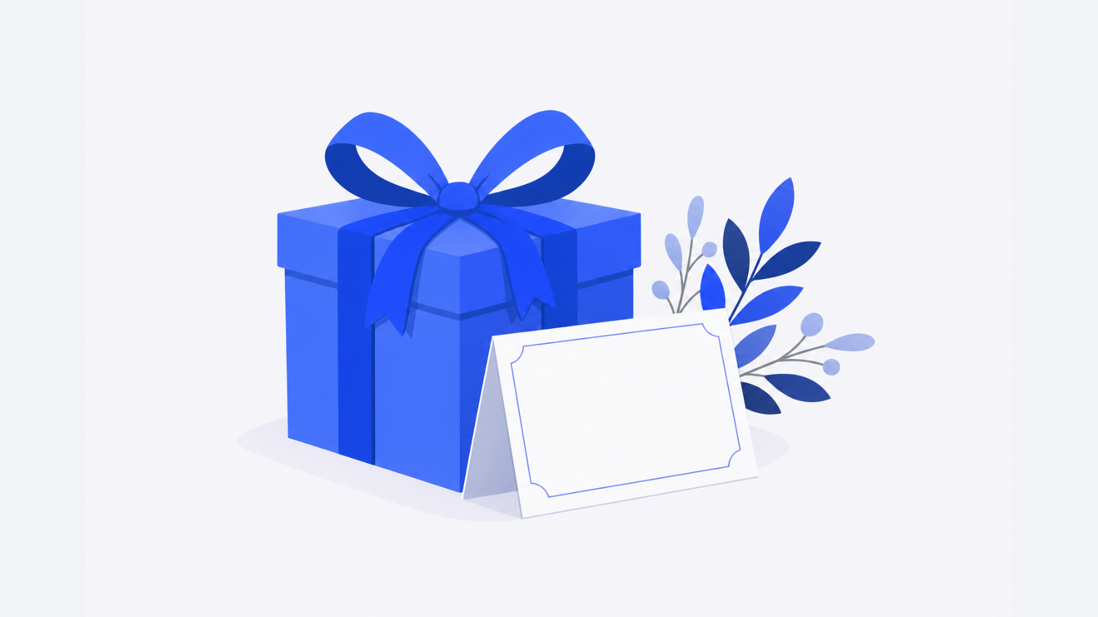 A wrapped gift beside a blank greeting card and a sprig of greenery