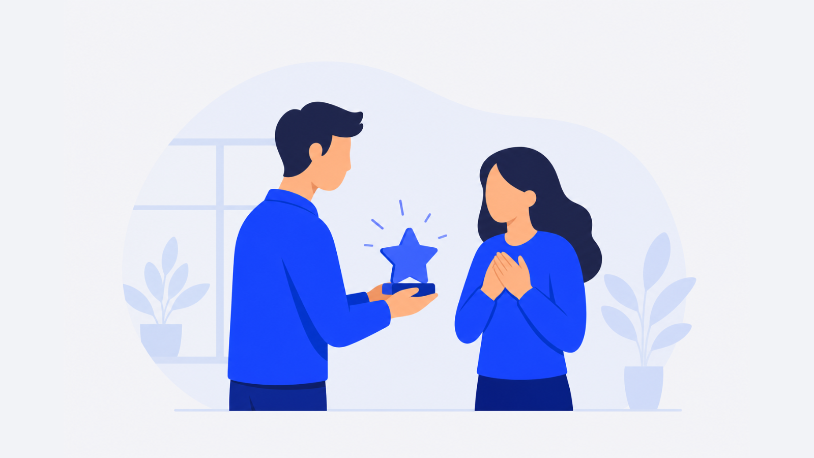 Two coworkers stand together while one hands the other a small star-shaped award