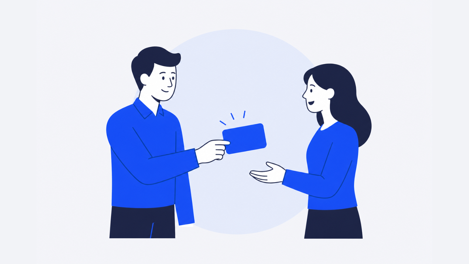 One coworker hands a blank gift card to another coworker