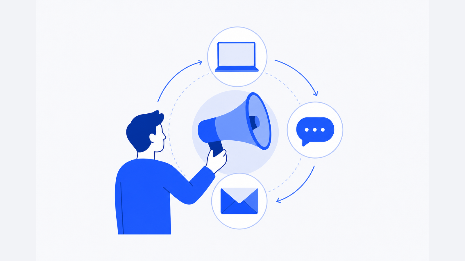 A blue megaphone points toward a laptop and a speech bubble, connected by simple directional arrows