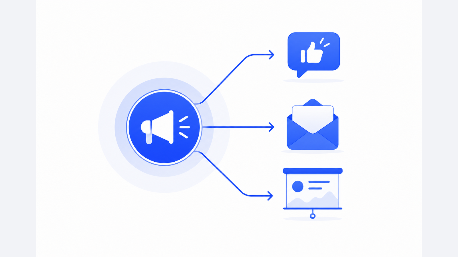 A central broadcast hub connects to a speech bubble, an envelope, and a presentation screen