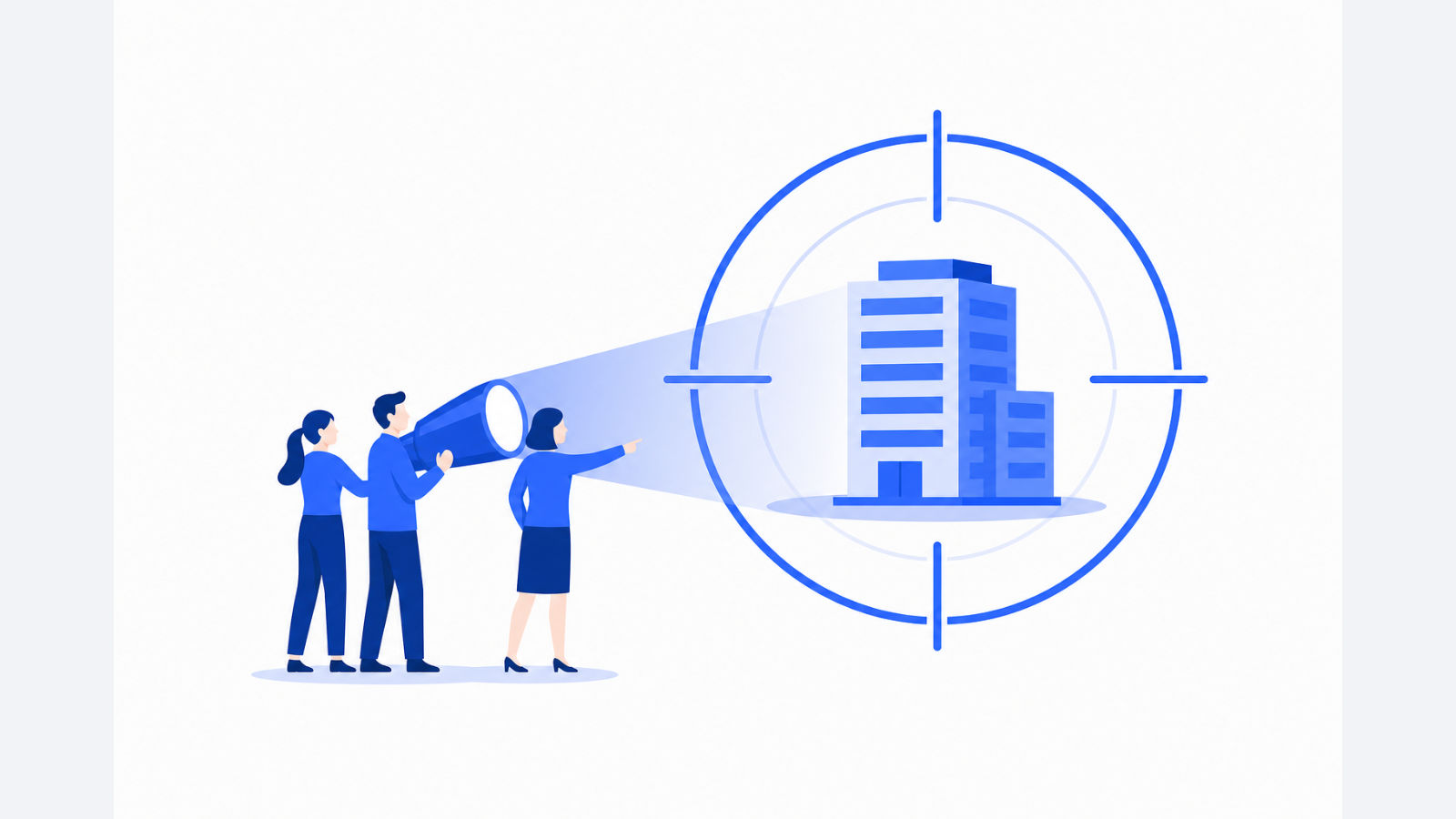 A spotlight from a small team focuses on one office building inside a target