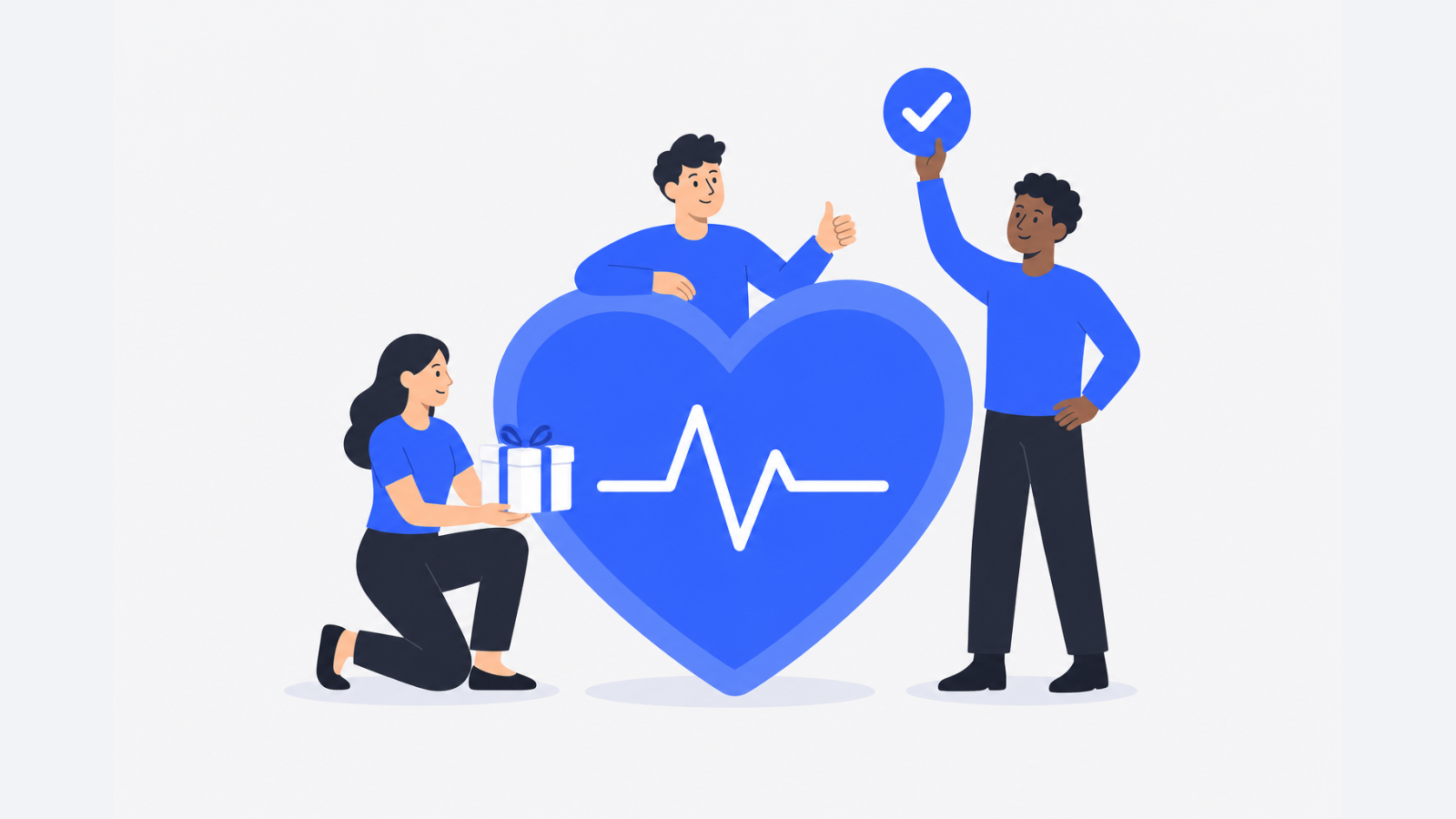 Three employees stand around a large heart-shaped wellness badge, with one holding a small gift box and another holding a checkmark-shaped token.