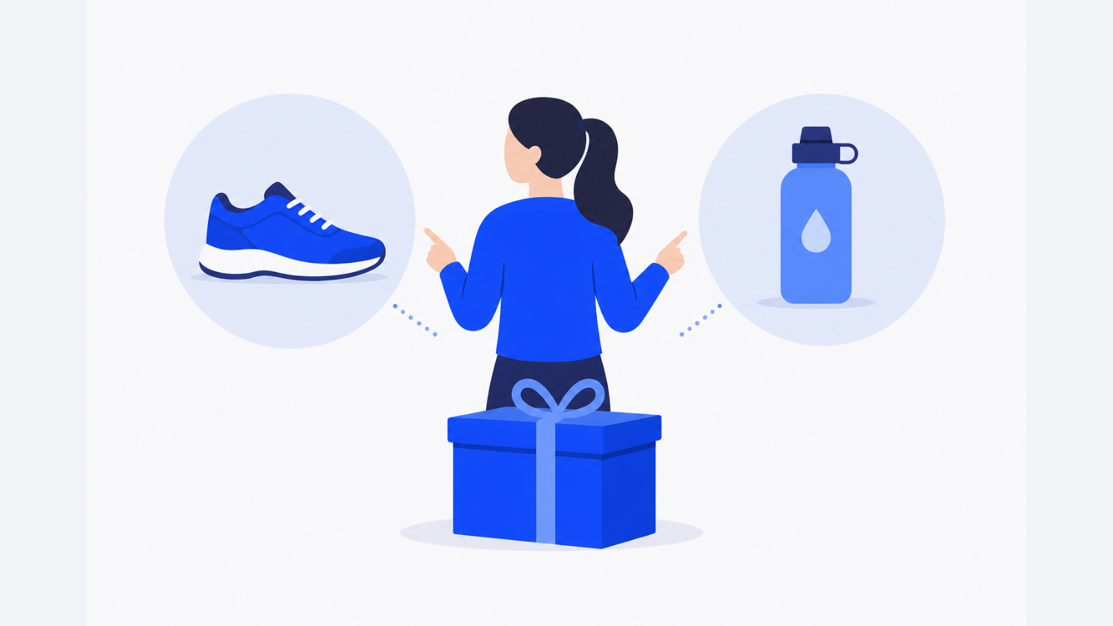 An employee stands beside a walking shoe, a water bottle, and a small reward box.