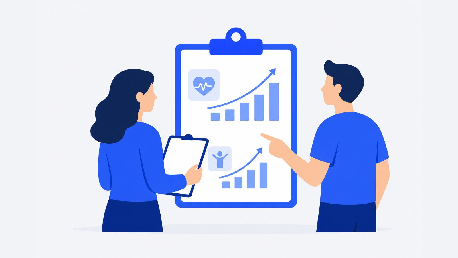 A wellness coordinator holds a clipboard with two simple rising chart shapes while an employee points toward it.