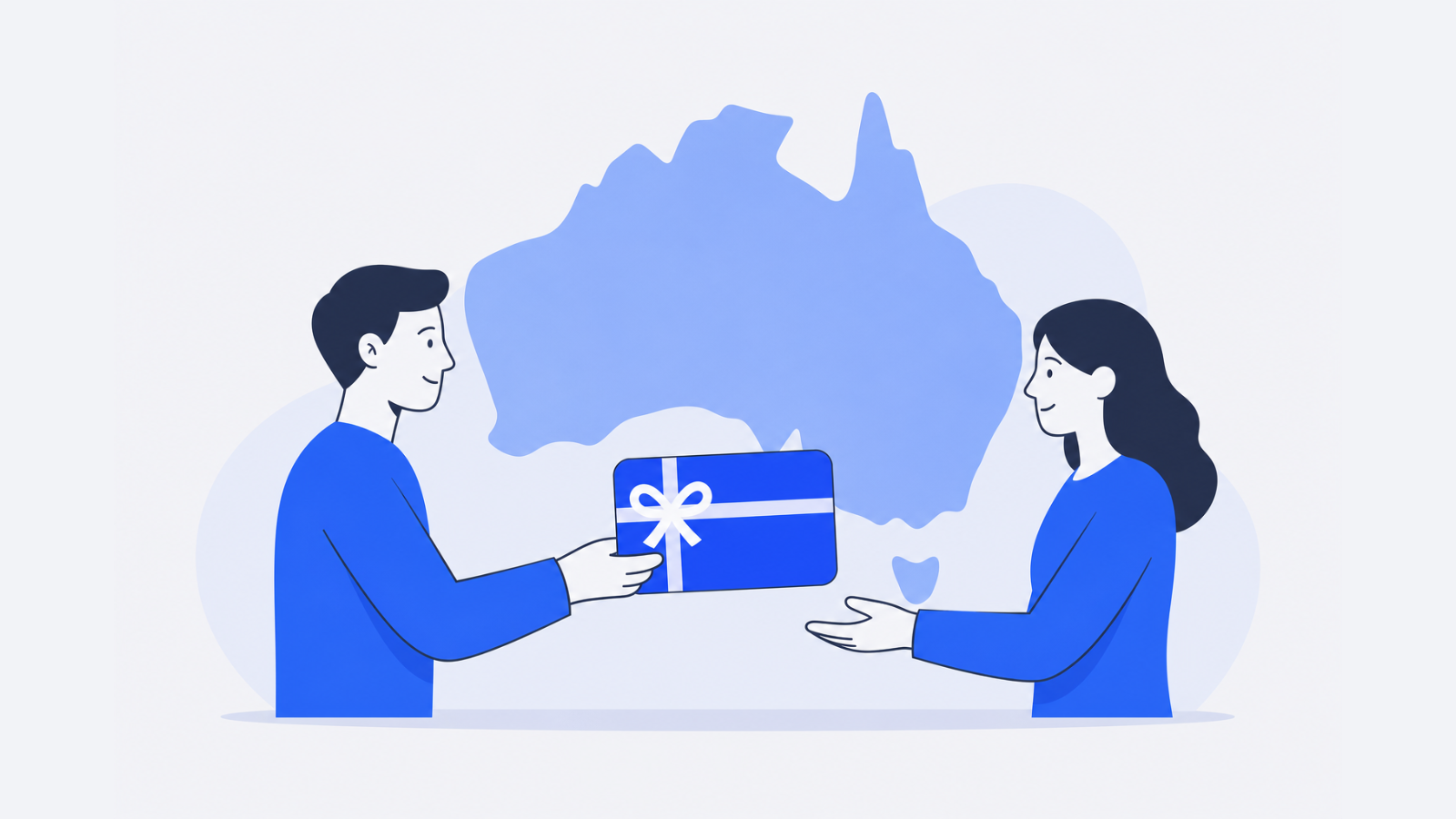 A sender offers a blank gift card to a recipient beside a blue silhouette of Australia.