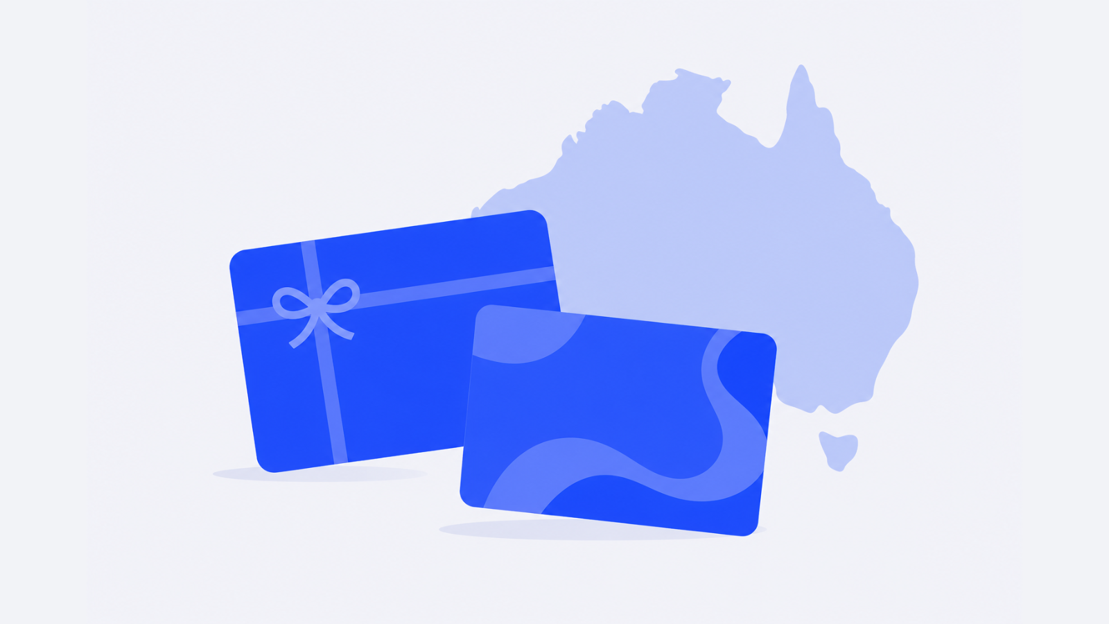 Two different blank gift cards are displayed beside a blue silhouette of Australia.