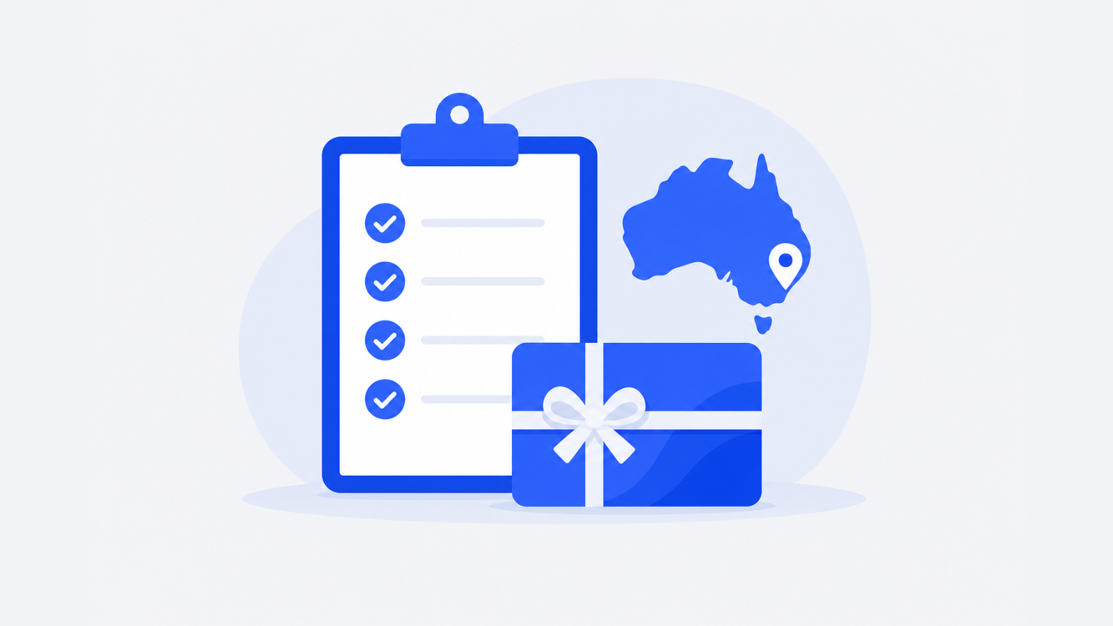 A blank checklist clipboard, a sealed gift card, and a small silhouette of Australia are arranged together.