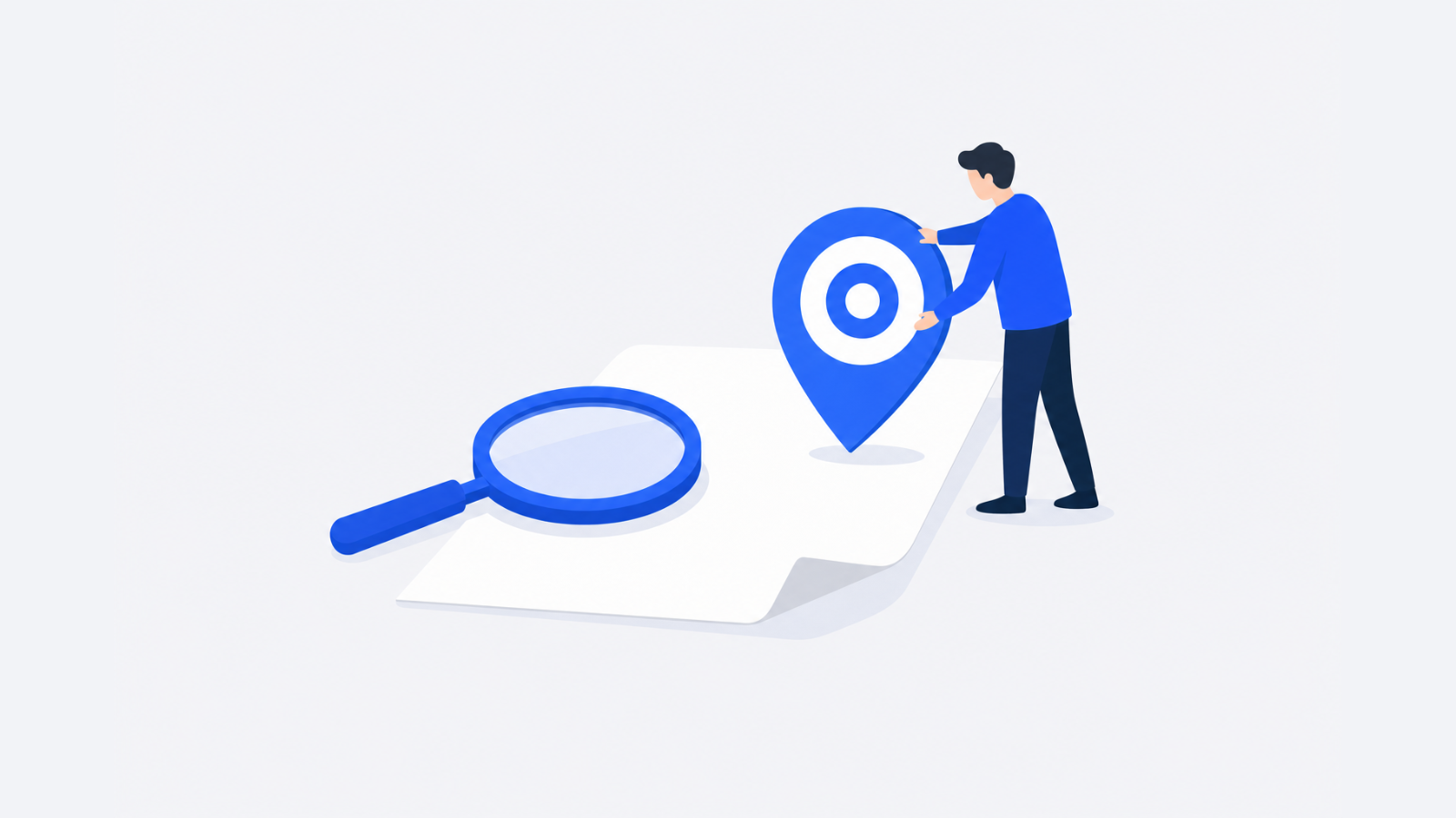 A person places a target-shaped marker beside a magnifying glass and a blank sheet of paper