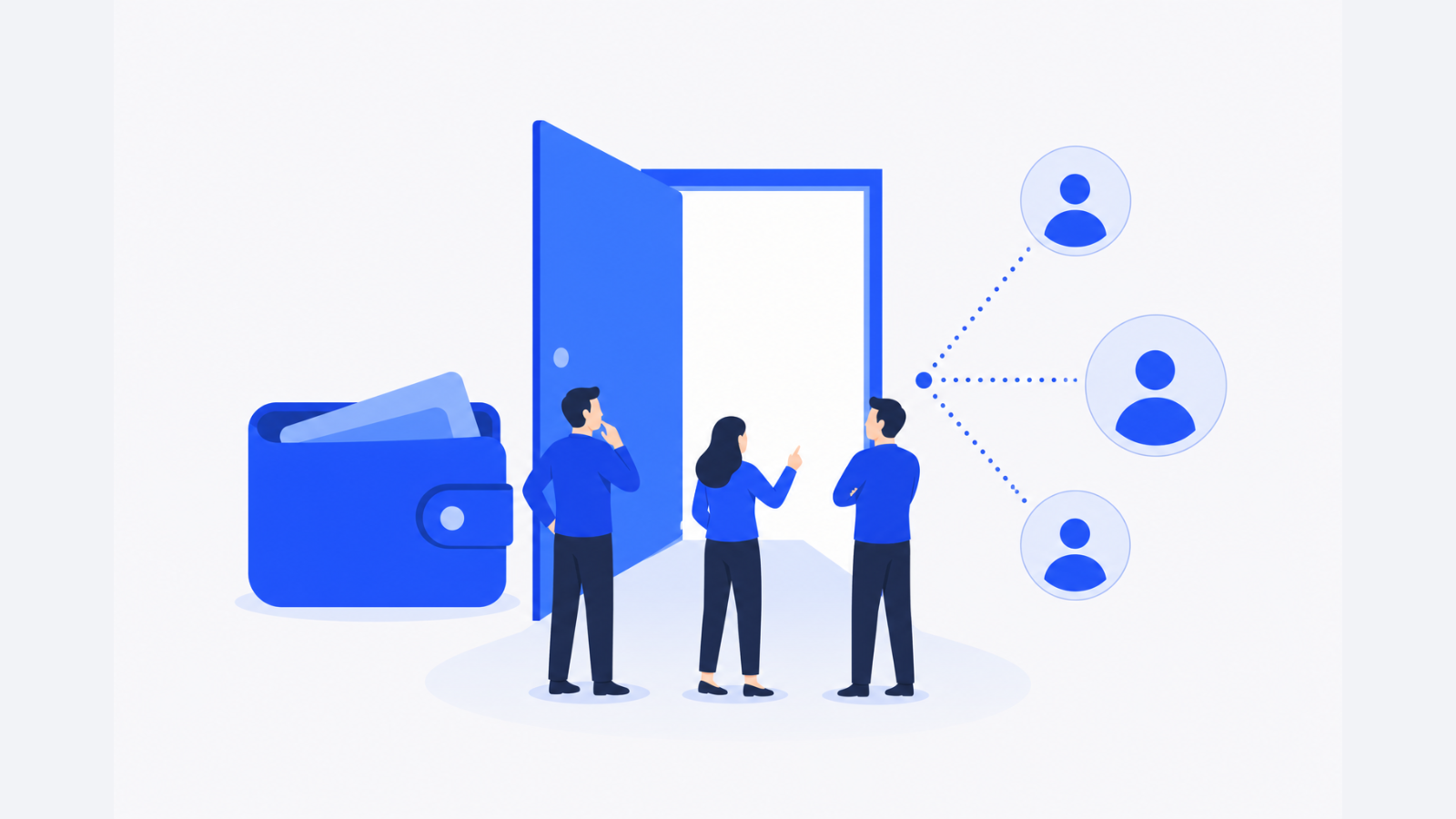A small team stands beside an open door, a wallet, and connected recipient figures
