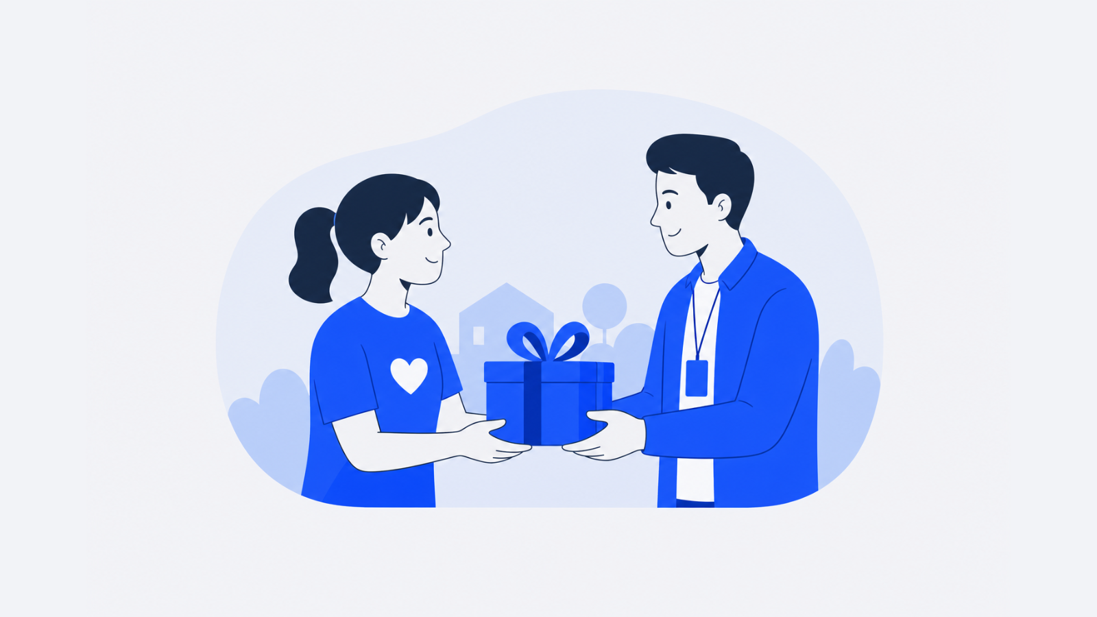 Two people exchange a wrapped gift box in a simple community setting.