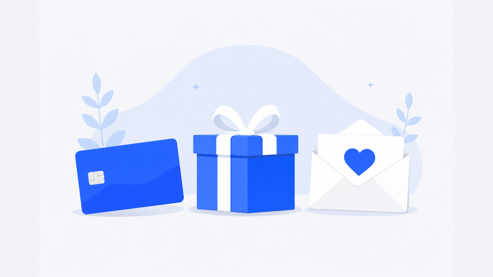 A blank prepaid card, a wrapped gift box, and a plain donation envelope arranged on a tabletop.