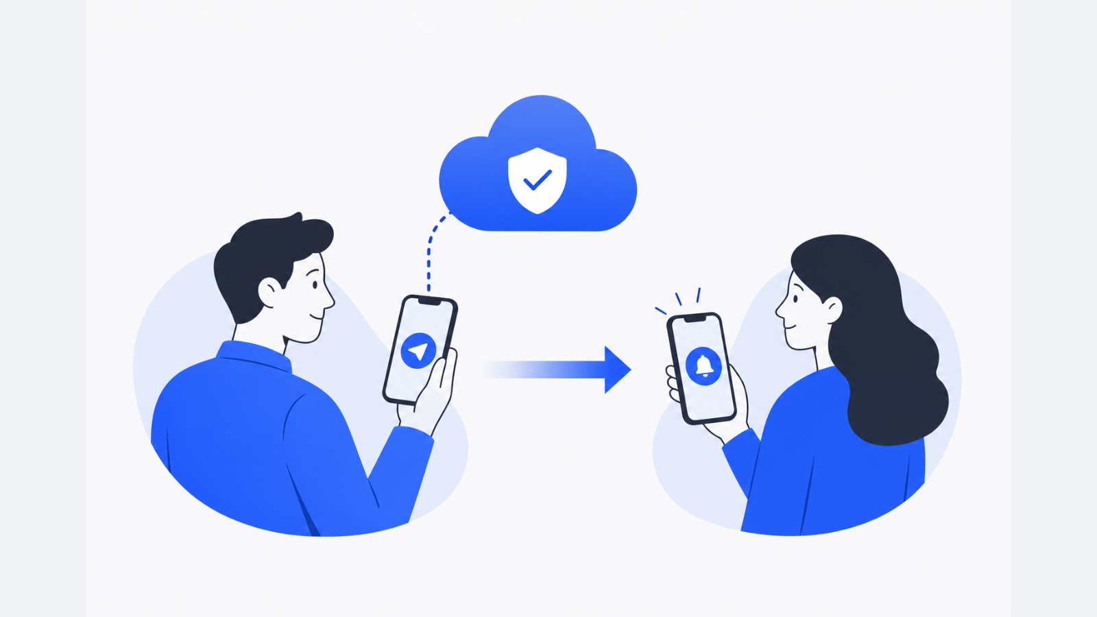 Two people hold smartphones beneath a cloud, with a directional arrow showing a digital transfer between the devices.