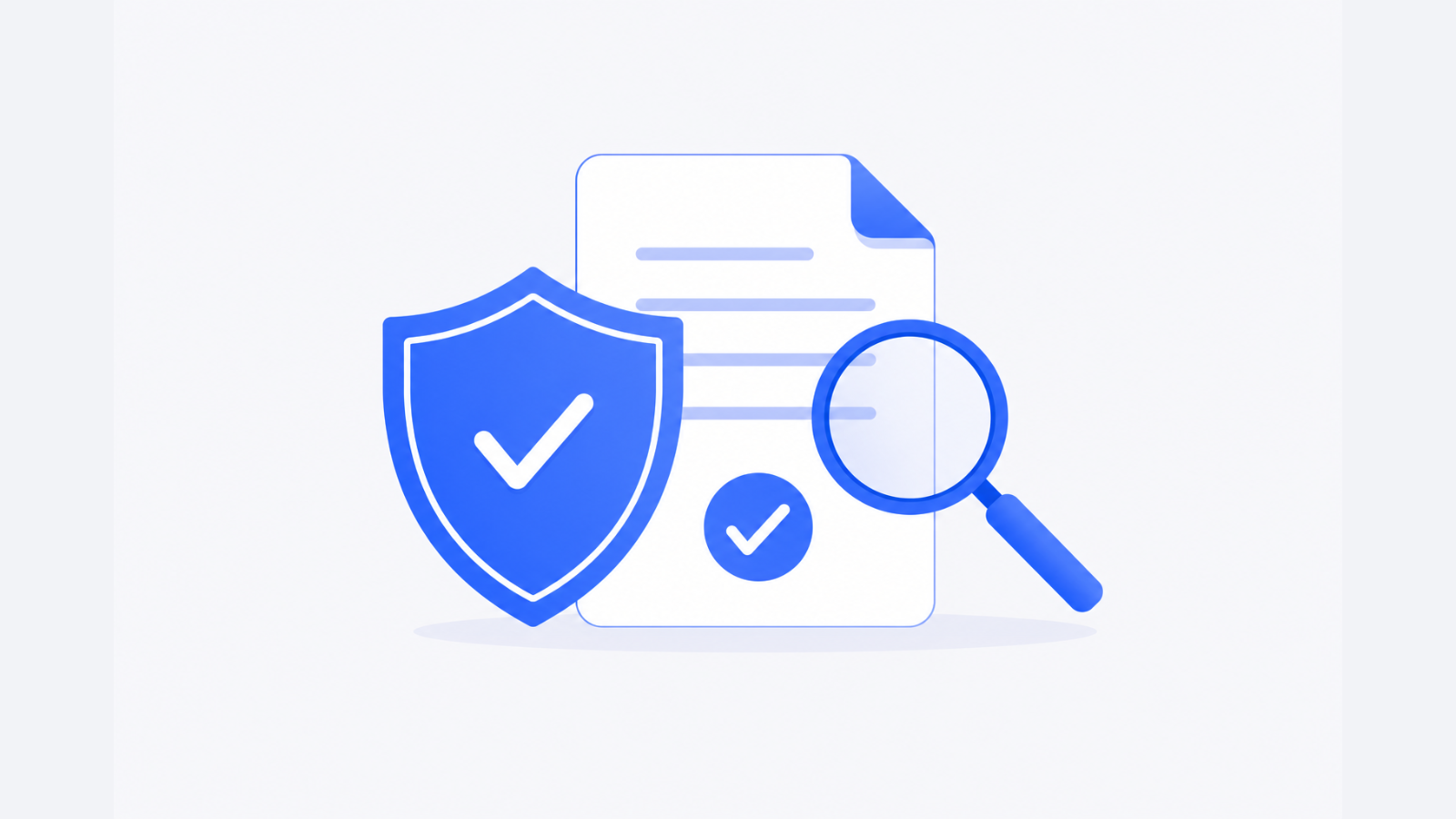 A shield, a blank document, a checkmark, and a magnifying glass represent a reviewed financial record.