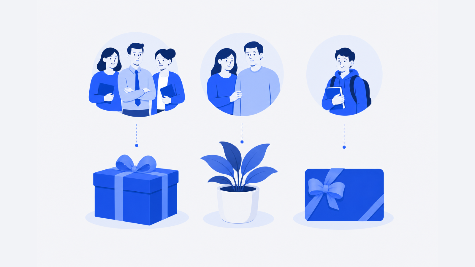 A keepsake box, a potted desk plant, and an unmarked gift card are shown beside small groups of staff, parents, and students.