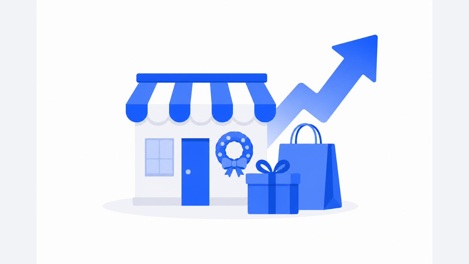 A small decorated storefront, a wrapped gift box beside a shopping bag, and a rising arrow shape on a white background