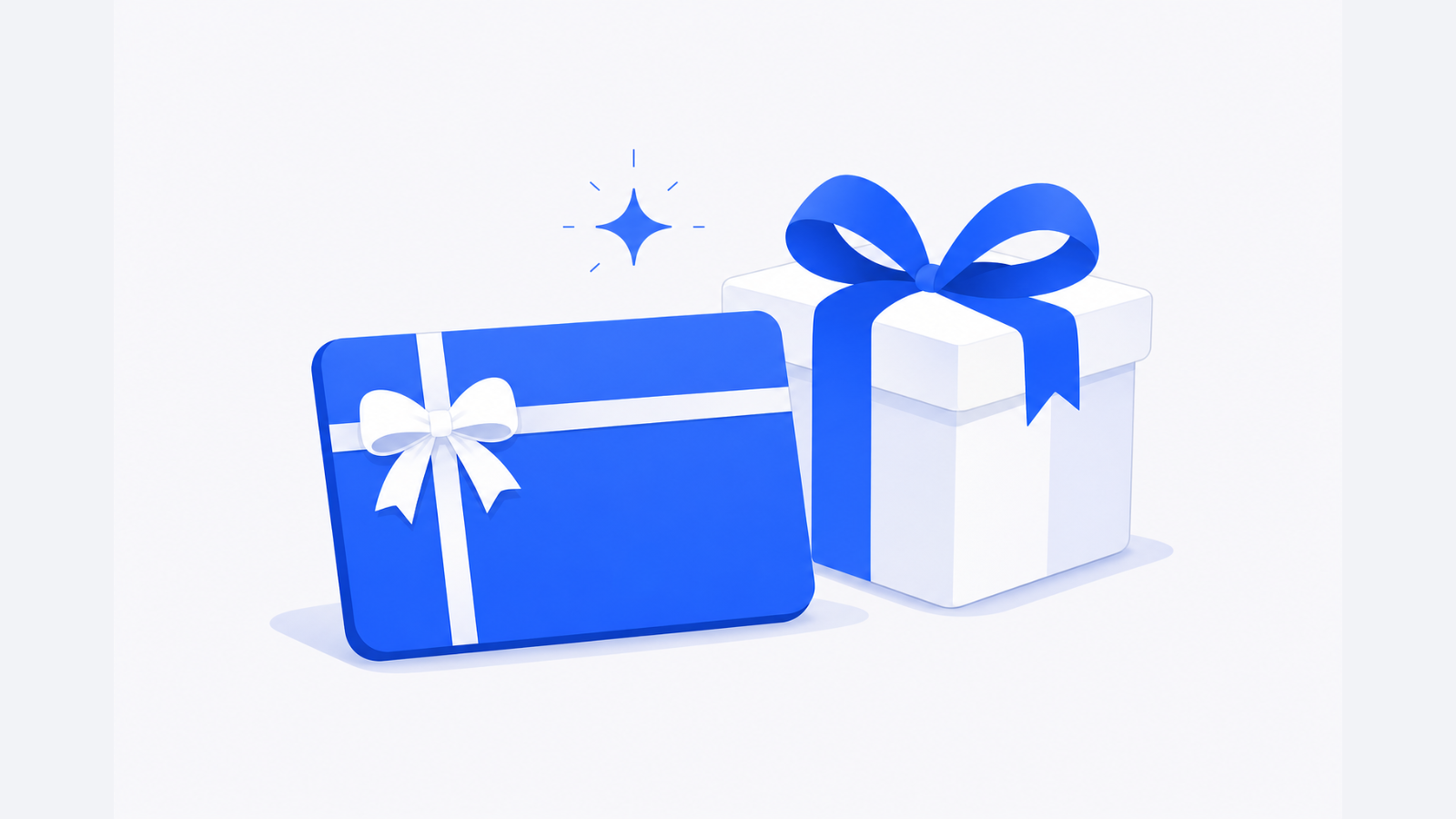 A blank gift card, a ribboned gift box, and a small sparkle accent on a white background