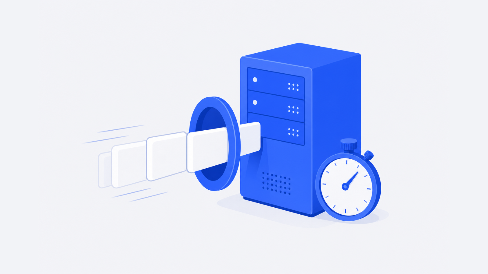 A blue server tower receives several blank cards through a circular gate, with a stopwatch positioned beside it.