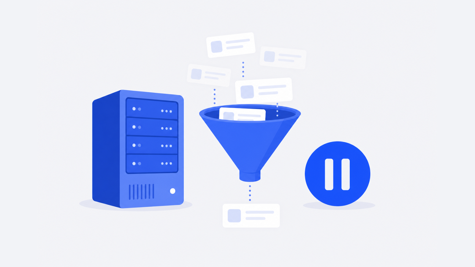 A server tower stands beside a funnel that narrows a stream of blank cards, with a small geometric pause symbol nearby.
