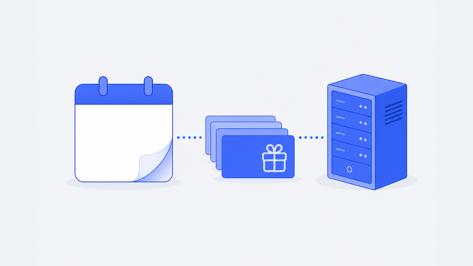 A blank sheet, a small queue of blank gift cards, and a server tower show requests being delivered in an orderly spaced line.