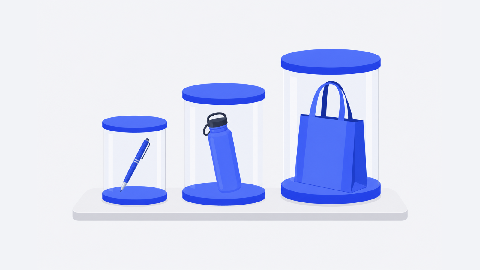 Three containers of different sizes sit on a display surface, holding a pen, a bottle, and a tote bag.