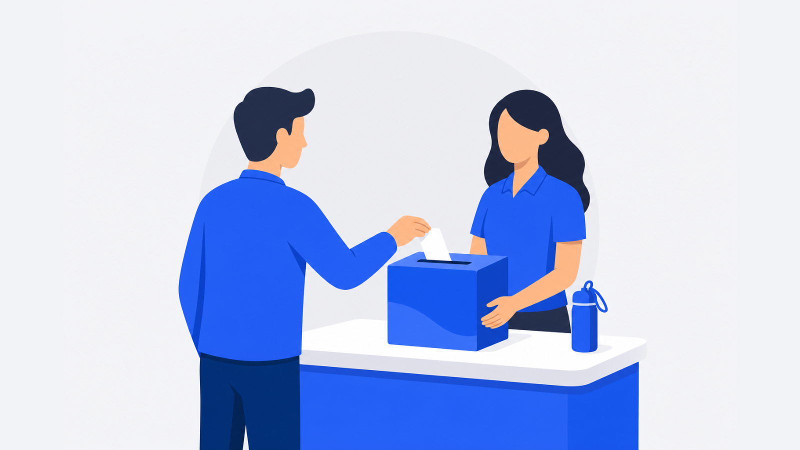 A visitor places a blank card into a collection box while an exhibitor presents a small giveaway item.