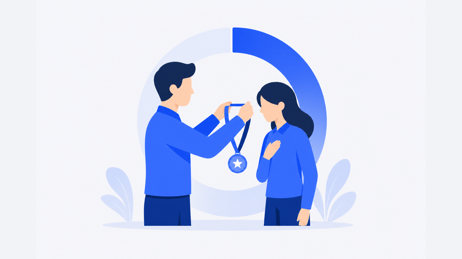 A manager presents a round medal to an employee while a circular progress shape appears behind them.