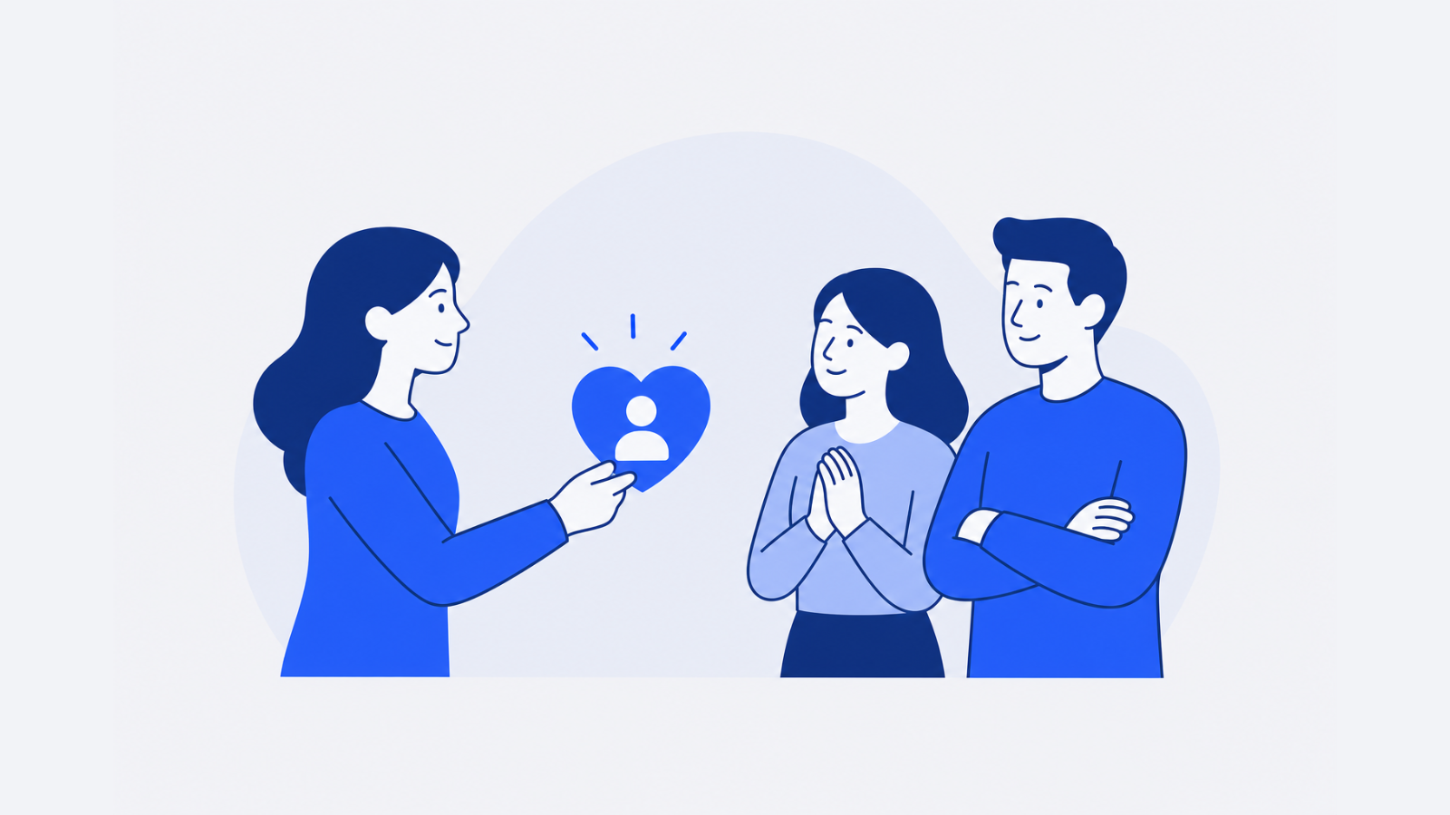 A smiling customer holds a heart-shaped badge while facing a small business team.