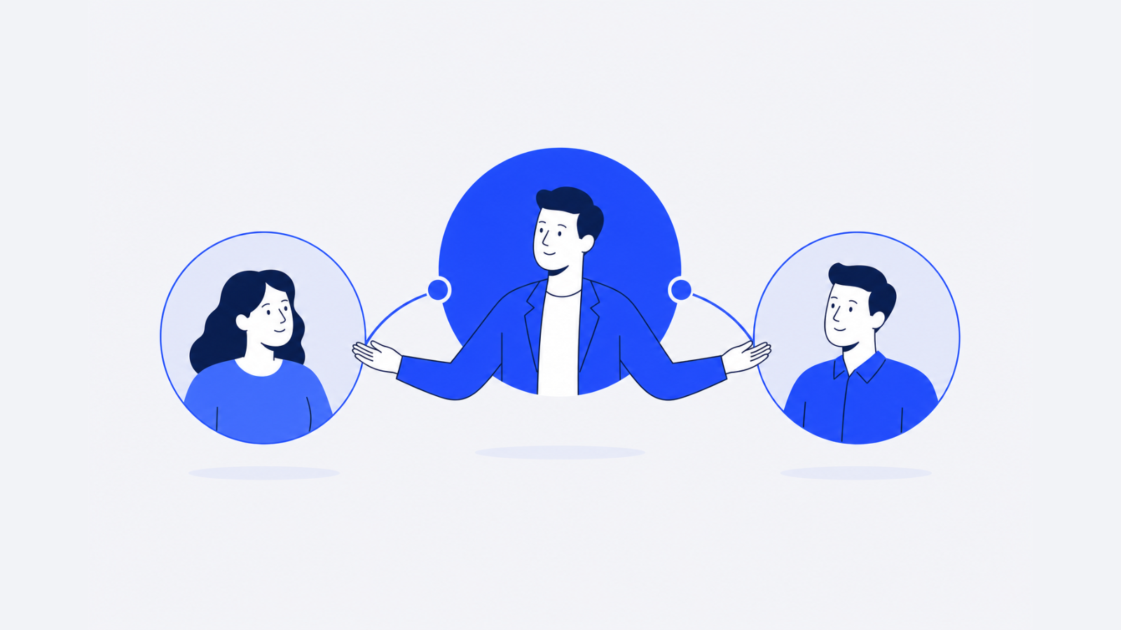 A central business organizer connects two customers with curved lines.
