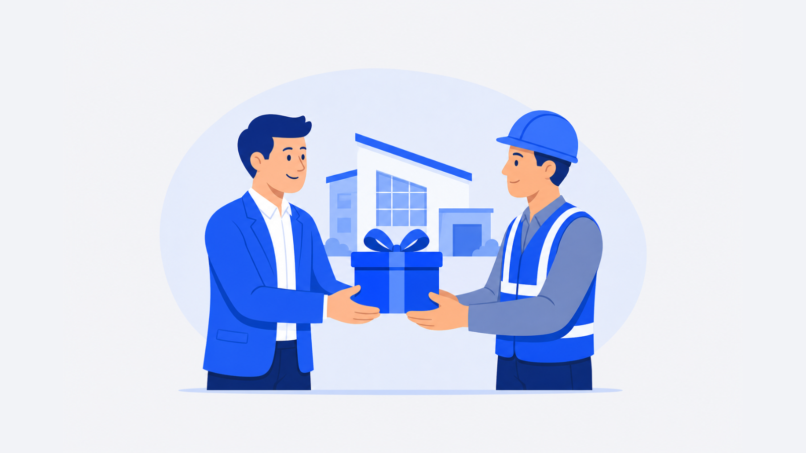 A business owner hands a wrapped box to a hard-hat contractor beside a simple finished building shape.