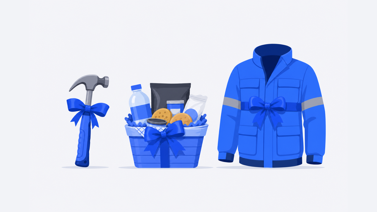 A hand tool, a food basket, and a durable work jacket are arranged as practical gift options.