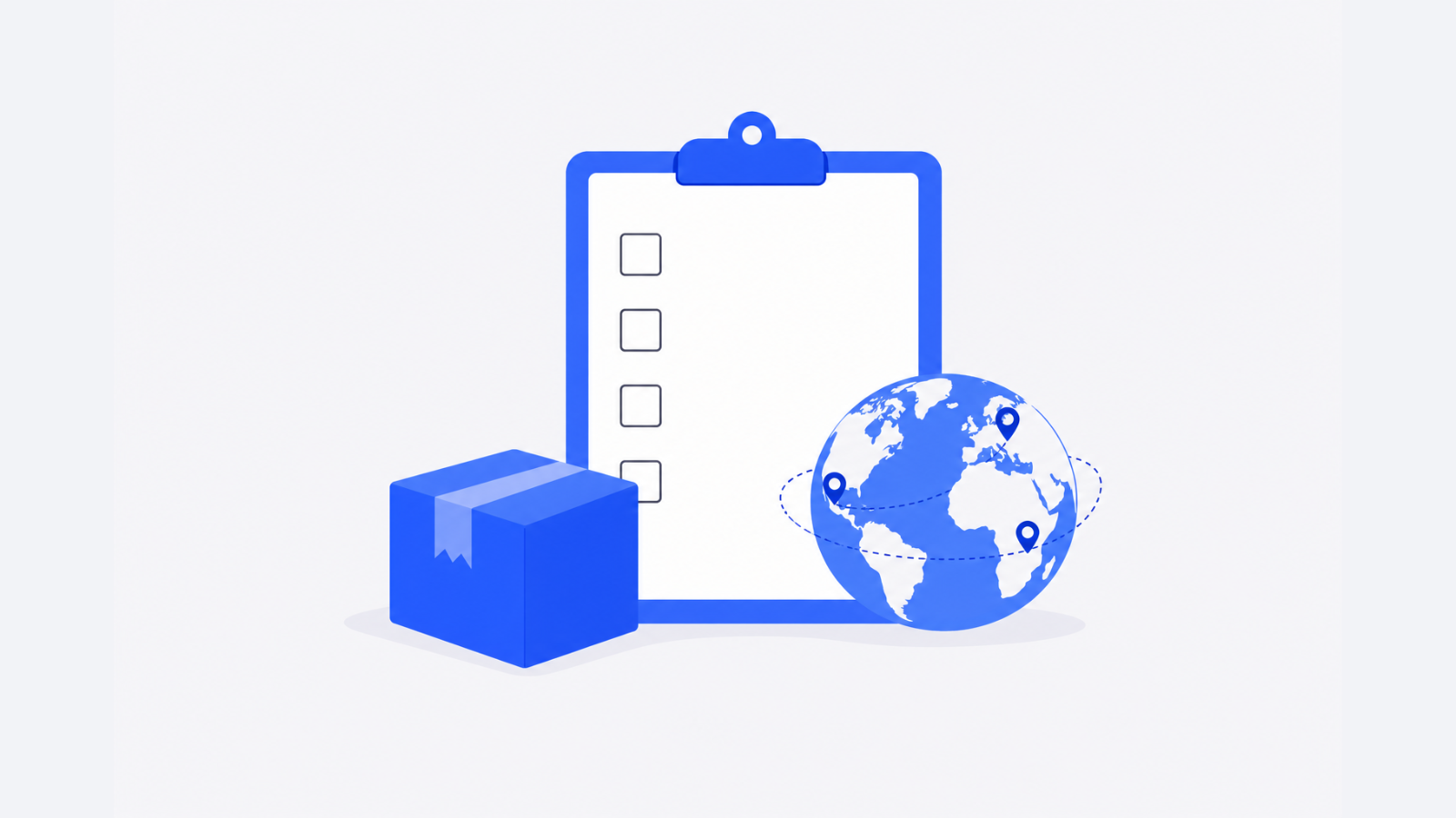 A blank clipboard with empty checkboxes sits beside a sealed parcel and a small globe.