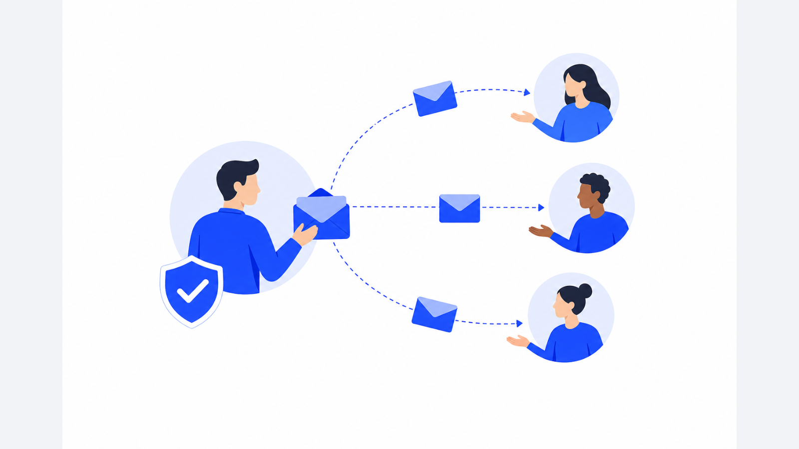 A central business person sends several envelopes along curved paths to three recipients, with a small shield and checkmark nearby.