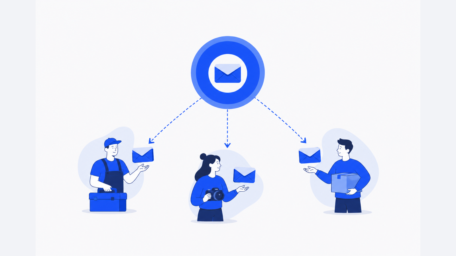 A contractor with a toolbox, a creator holding a camera, and a partner with a package receive envelopes connected to one shared payment hub.