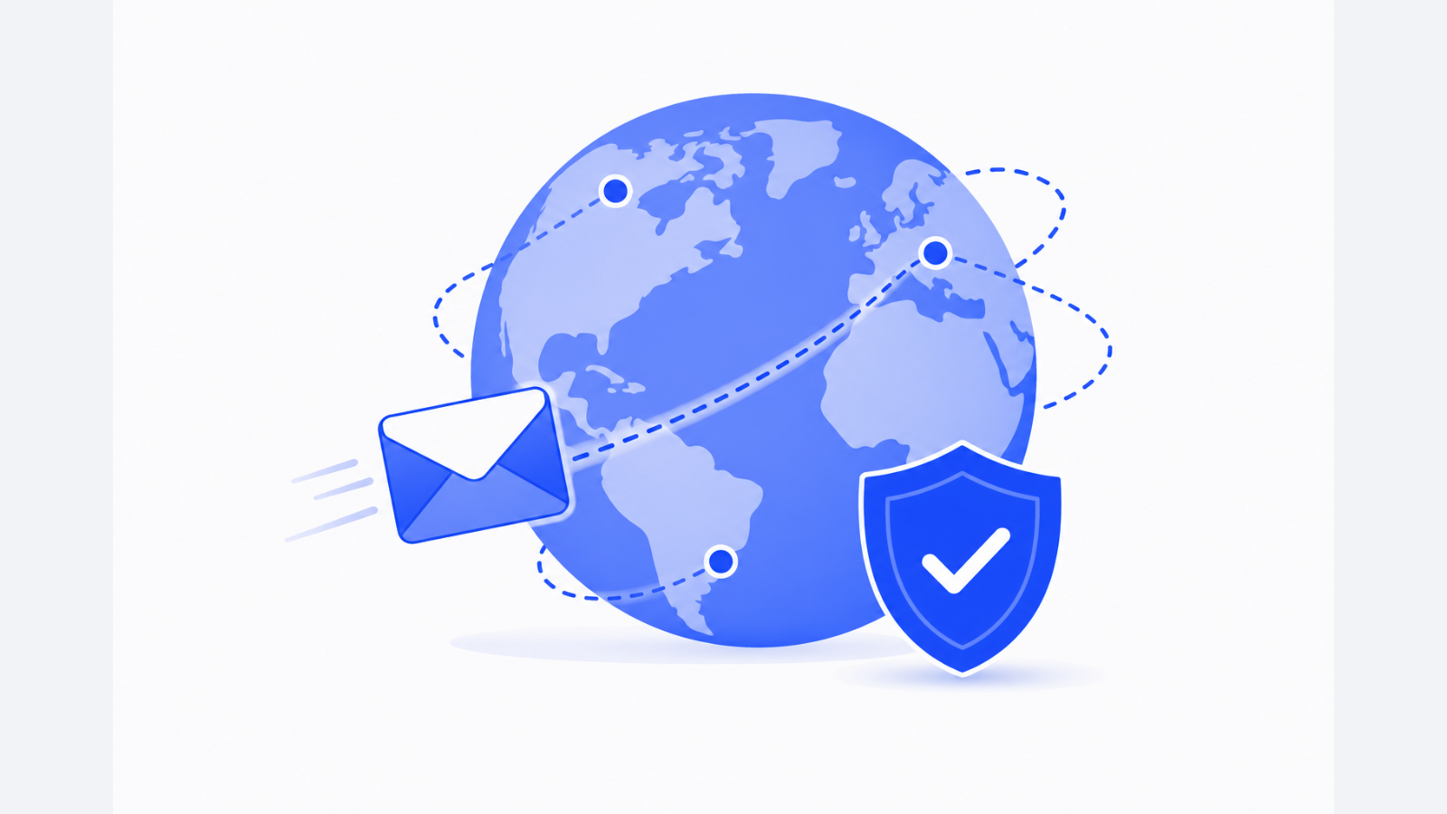 A globe is connected by curved routes to a traveling payment envelope, with a shield and checkmark indicating secure compliance.