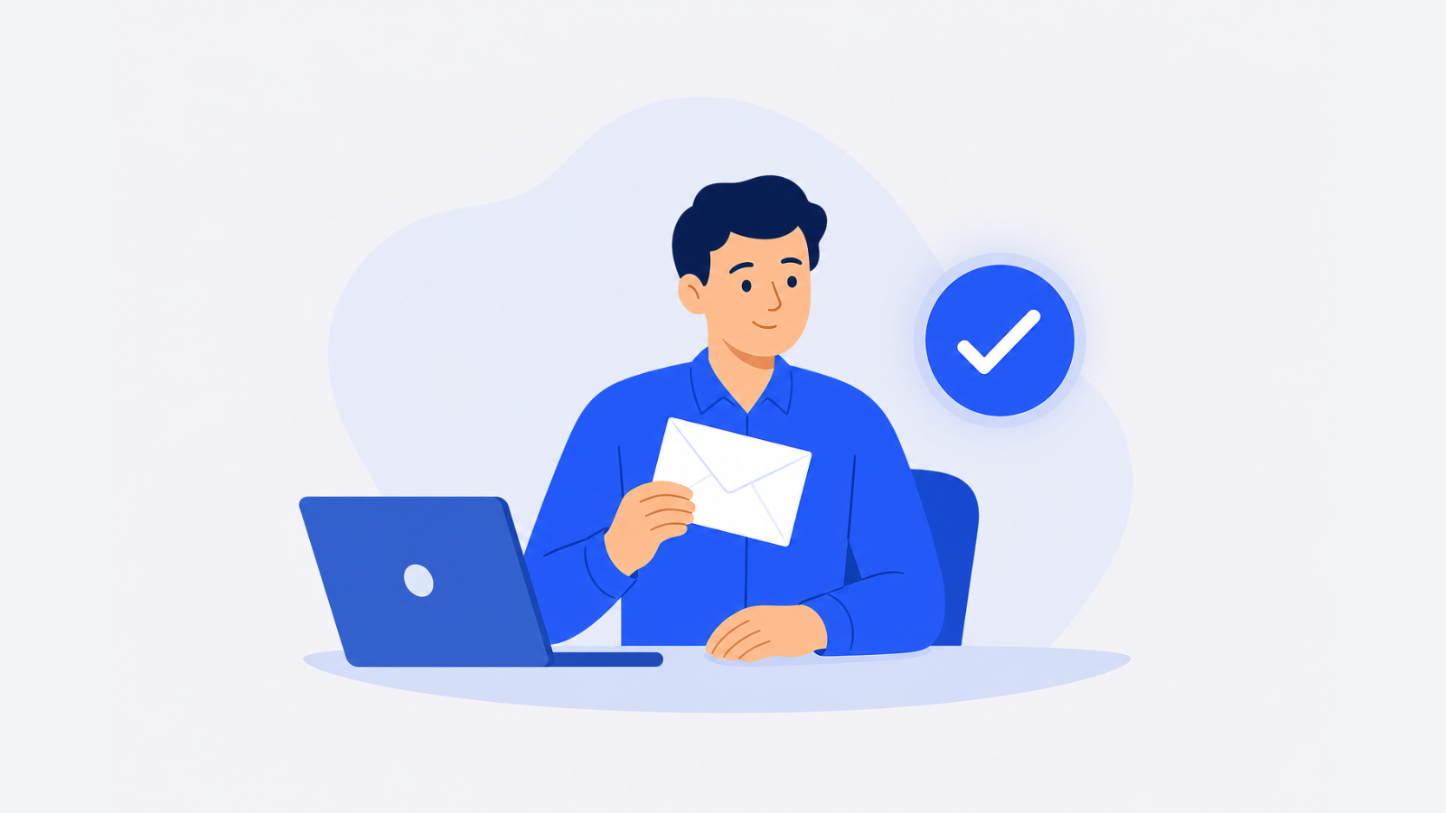 A business professional sits at a desk holding a plain envelope, with a checkmark badge nearby.